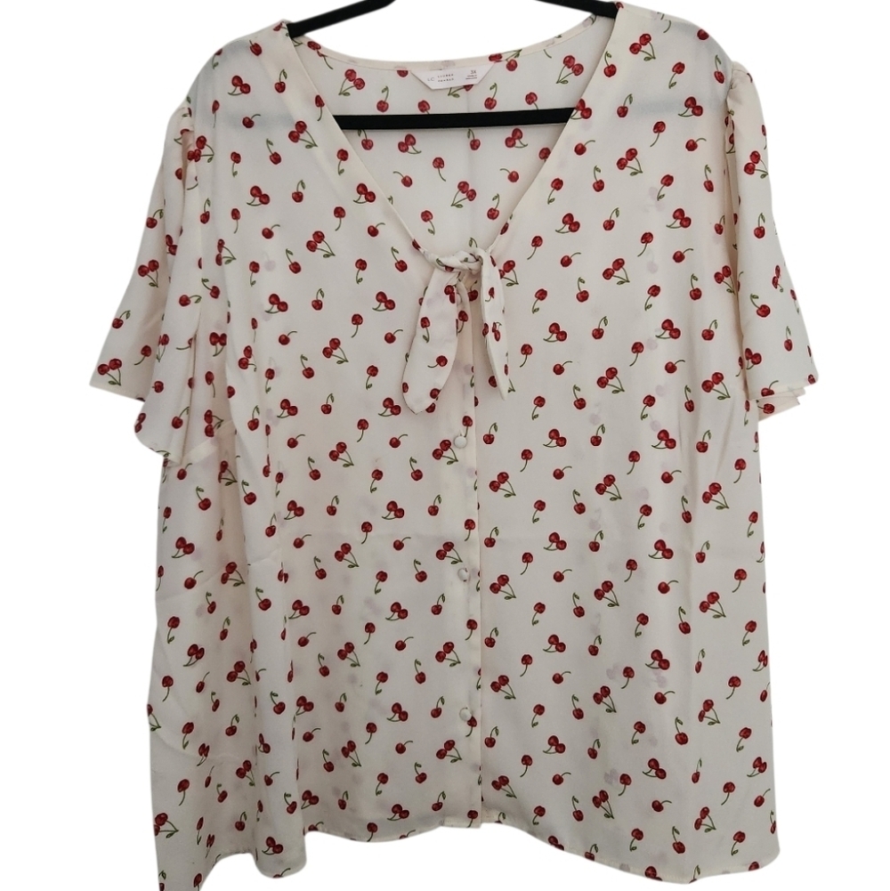 LC Lauren Conrad Womens Plus Cherry Pattern Tie-Neck Blouse Button Front Size 3X